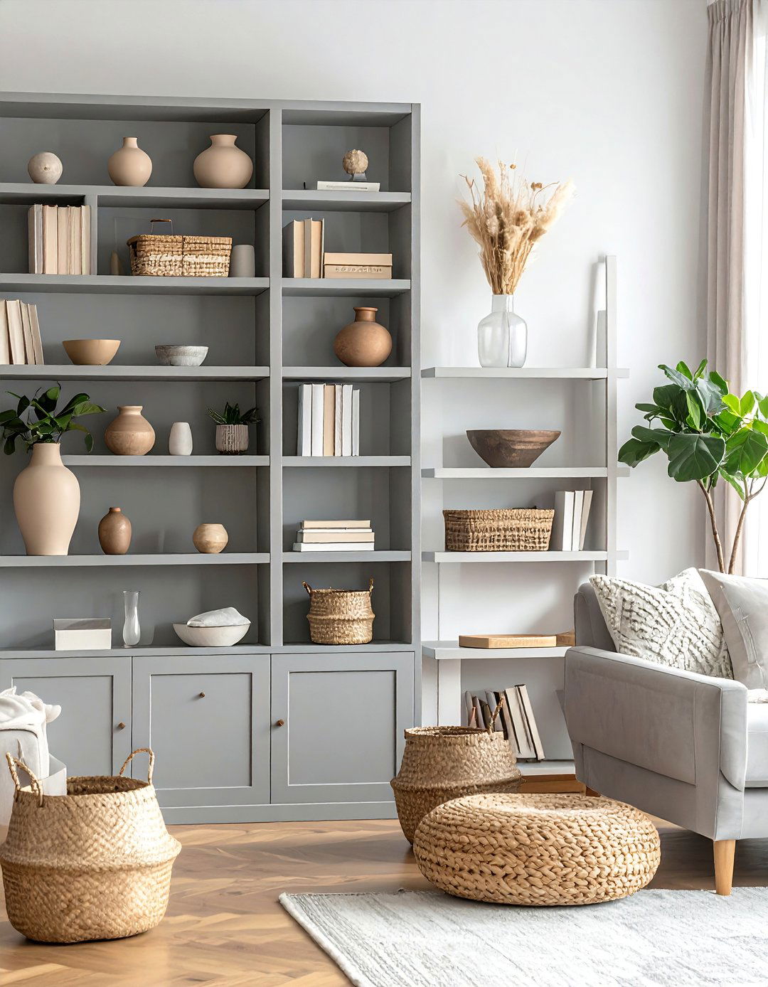 Grey Built In Shelving with Beige Decor - 30 Grey and Beige Living Room Ideas for Warmth