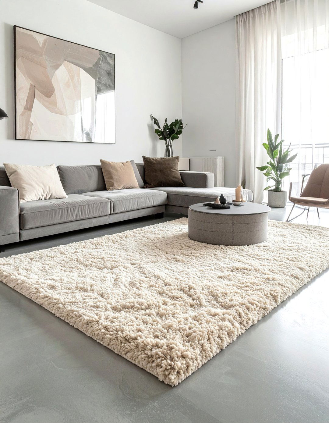 Grey Microcement Floor with a Beige Shag Rug - 30 Grey and Beige Living Room Ideas for Warmth