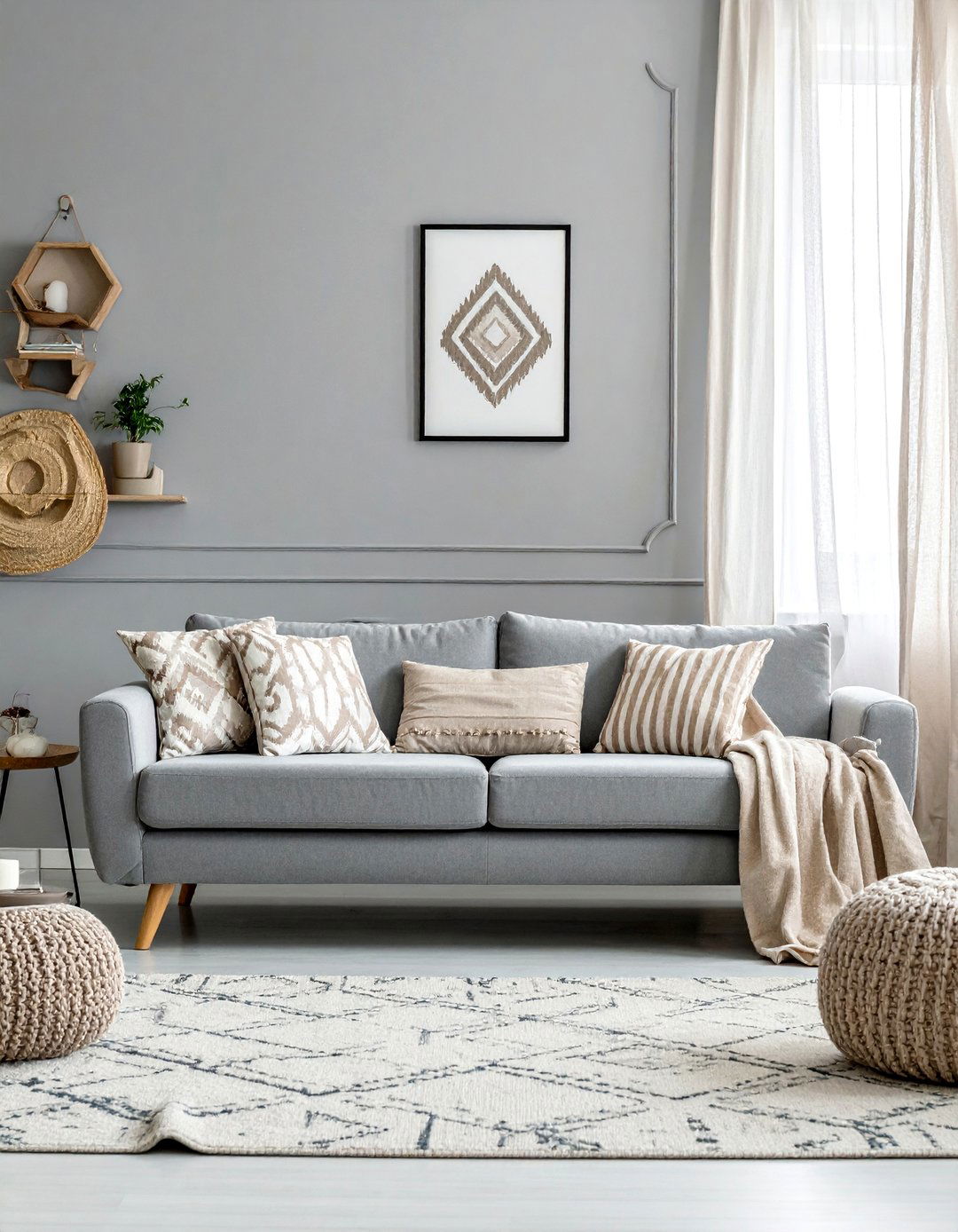 Grey Sofa with Beige and White Patterned Pillows - 30 Grey and Beige Living Room Ideas for Warmth