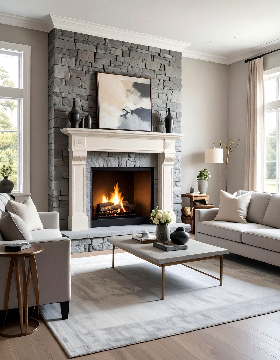 Grey Stone Fireplace with a Cream Mantel - 30 Grey and Cream Living Room Ideas for Elegance