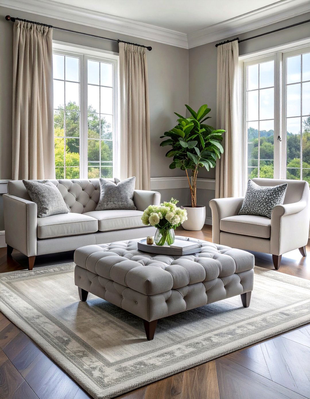 Grey Tufted Ottoman as a Centerpiece - 30 Grey and Cream Living Room Ideas for Elegance