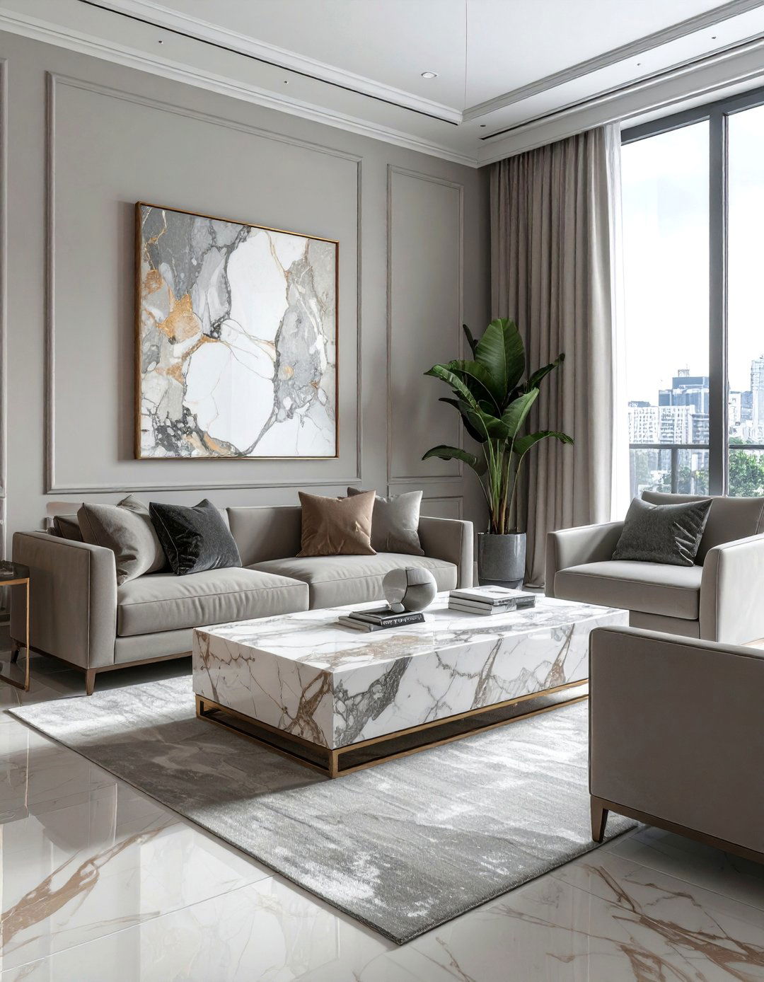 Grey and Beige Marble Coffee Table - 30 Grey and Beige Living Room Ideas for Warmth