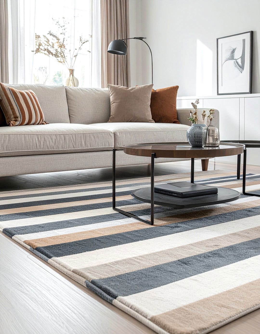 Grey and Beige Striped Area Rug - 30 Grey and Beige Living Room Ideas for Warmth