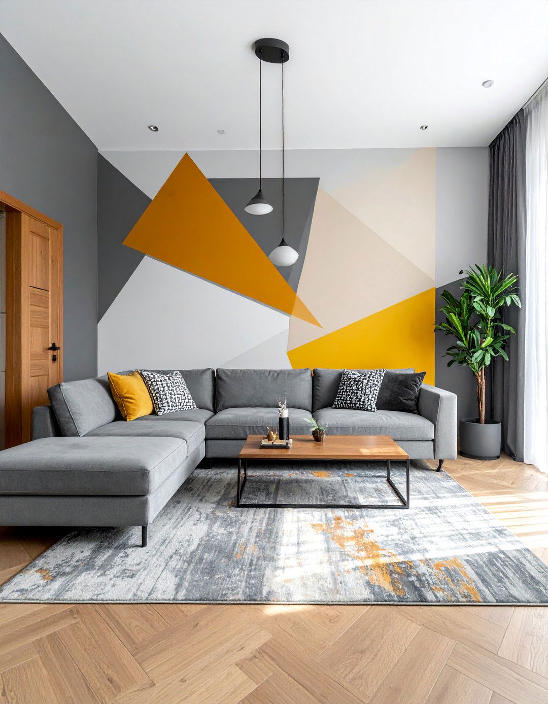 Grey and Cream Color Blocked Wall - 30 Grey and Cream Living Room Ideas for Elegance