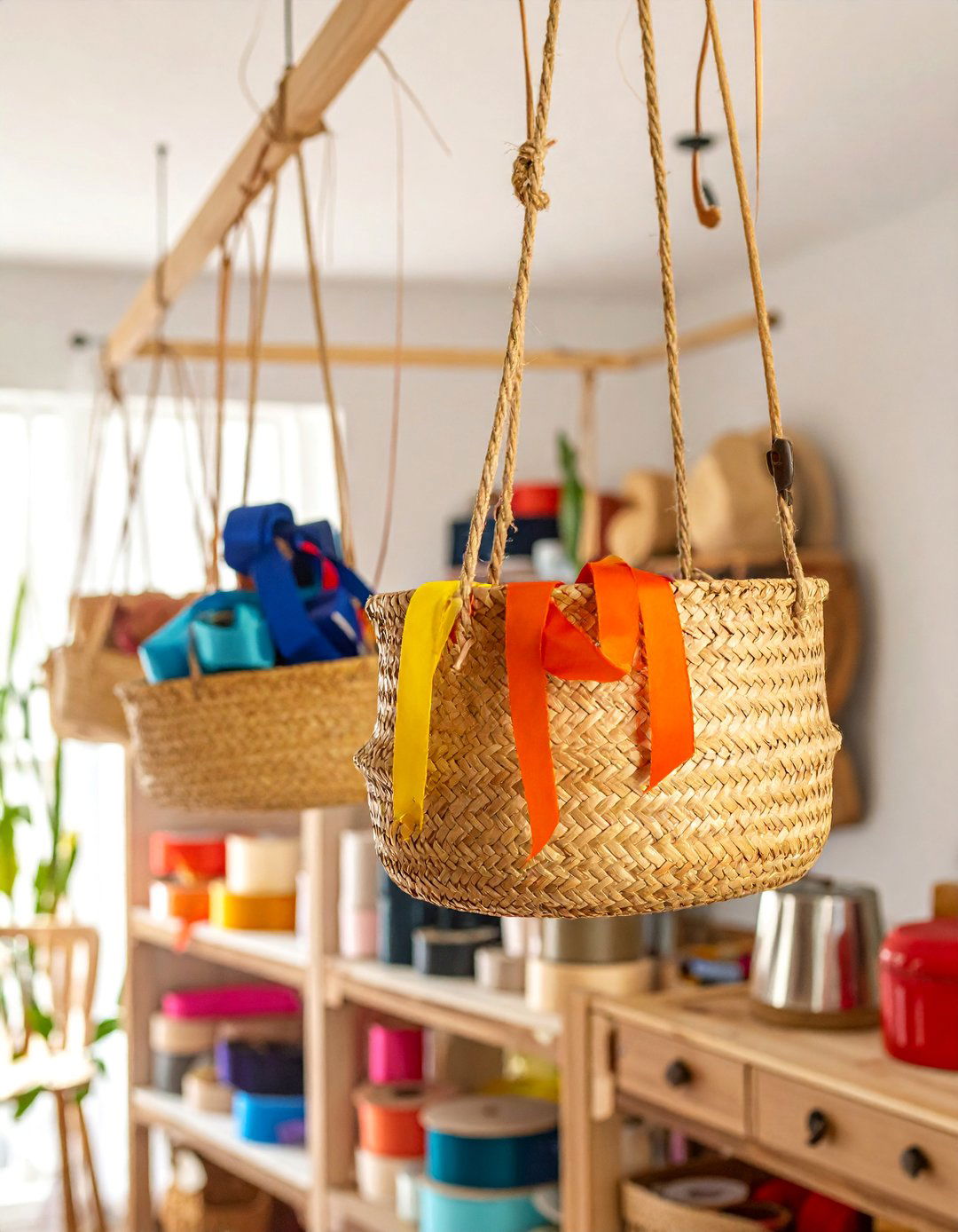 Hanging Basket Organization - 15 Ribbon Storage Ideas to Keep Your Craft Room Organized