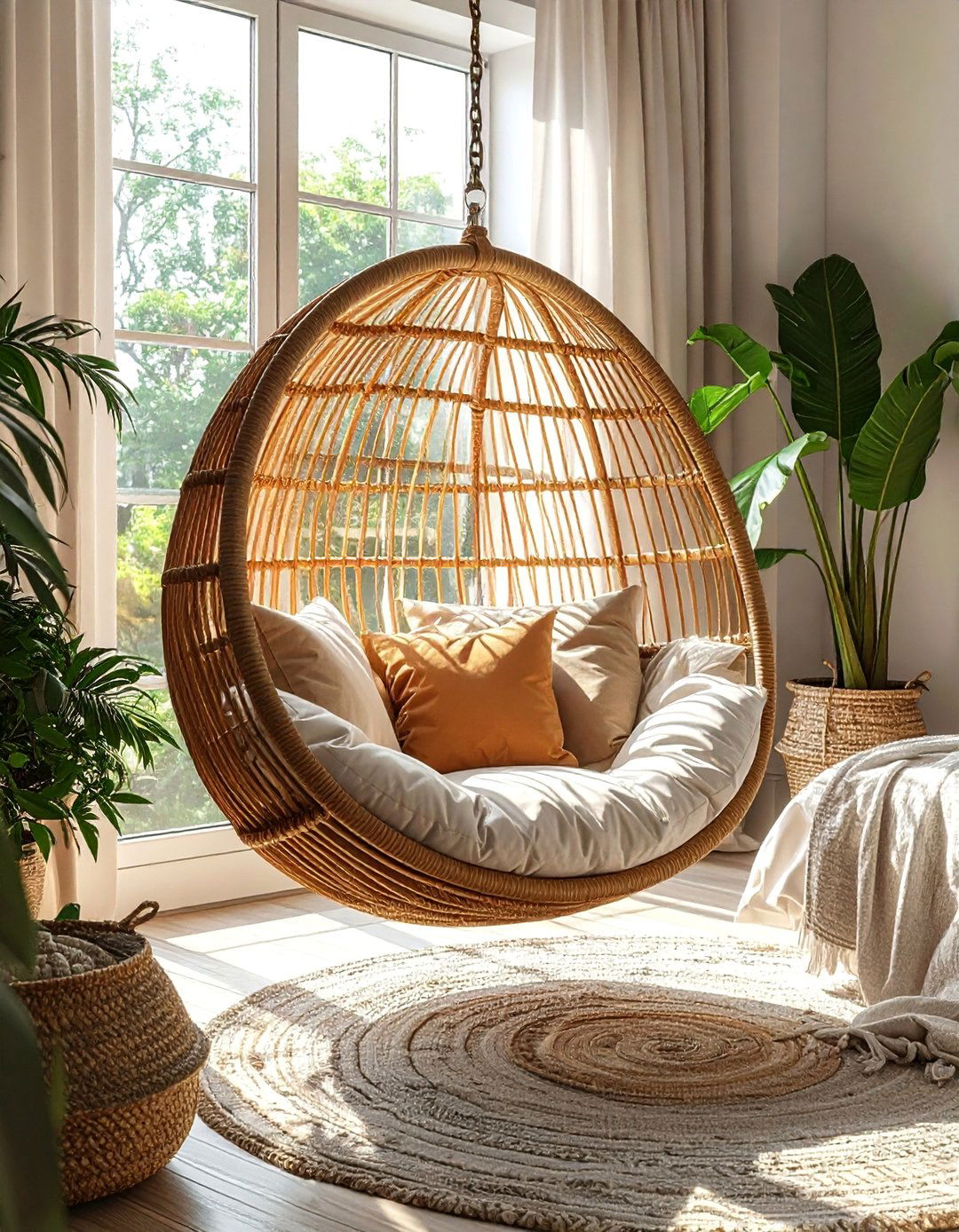 Hanging Egg Chair for a Relaxing Boho Bedroom Nook - 40 Boho Bedroom Ideas for a Cozy and Eclectic Retreat