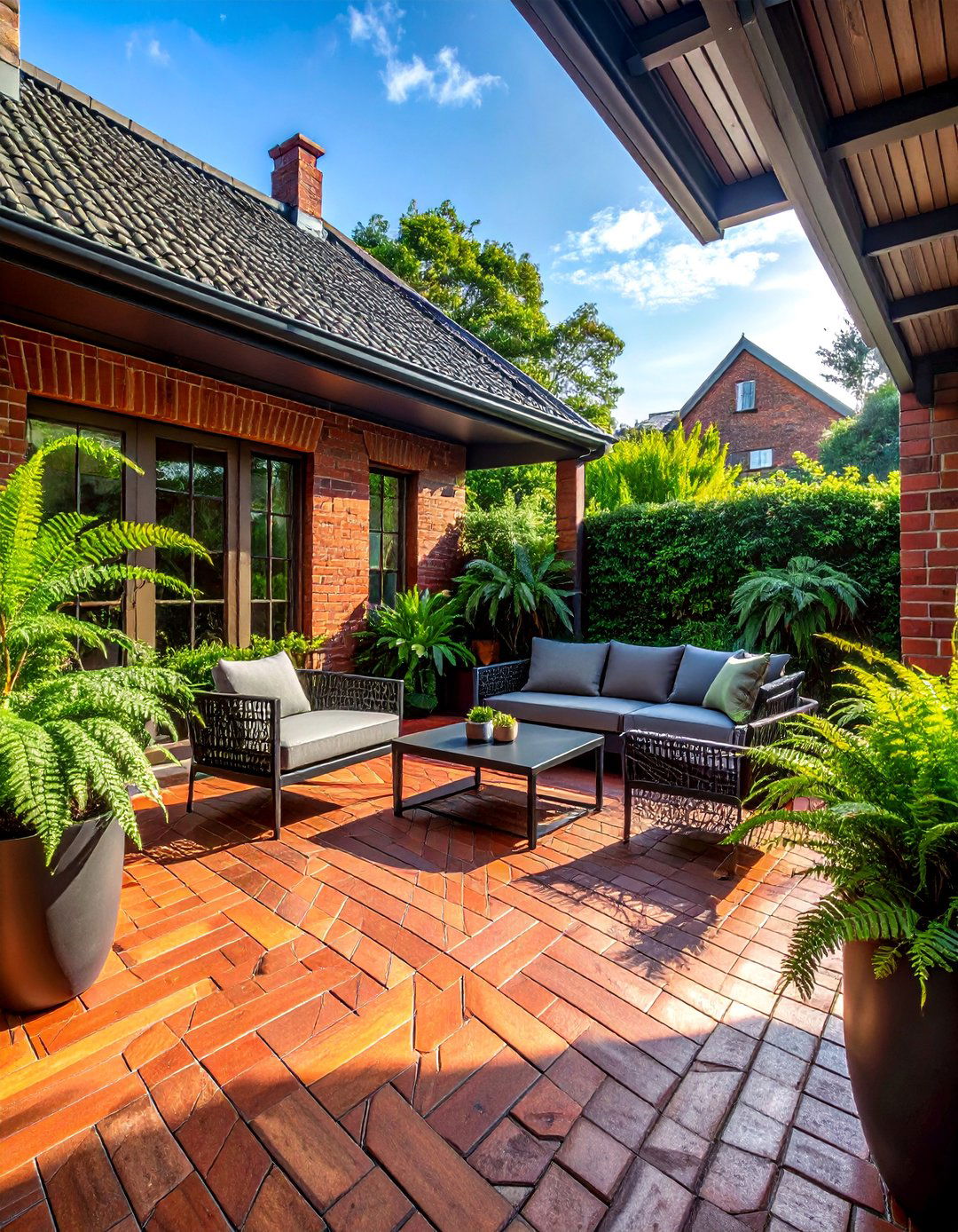 Herringbone Pattern Brick Patio - 20 Brick Landscaping Ideas for Timeless Outdoor Charm