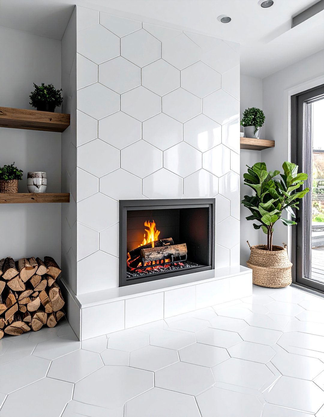 Hexagon Tile Farmhouse Fireplace Surround - 30 Farmhouse Fireplace Tile Ideas for a Cozy Ambiance