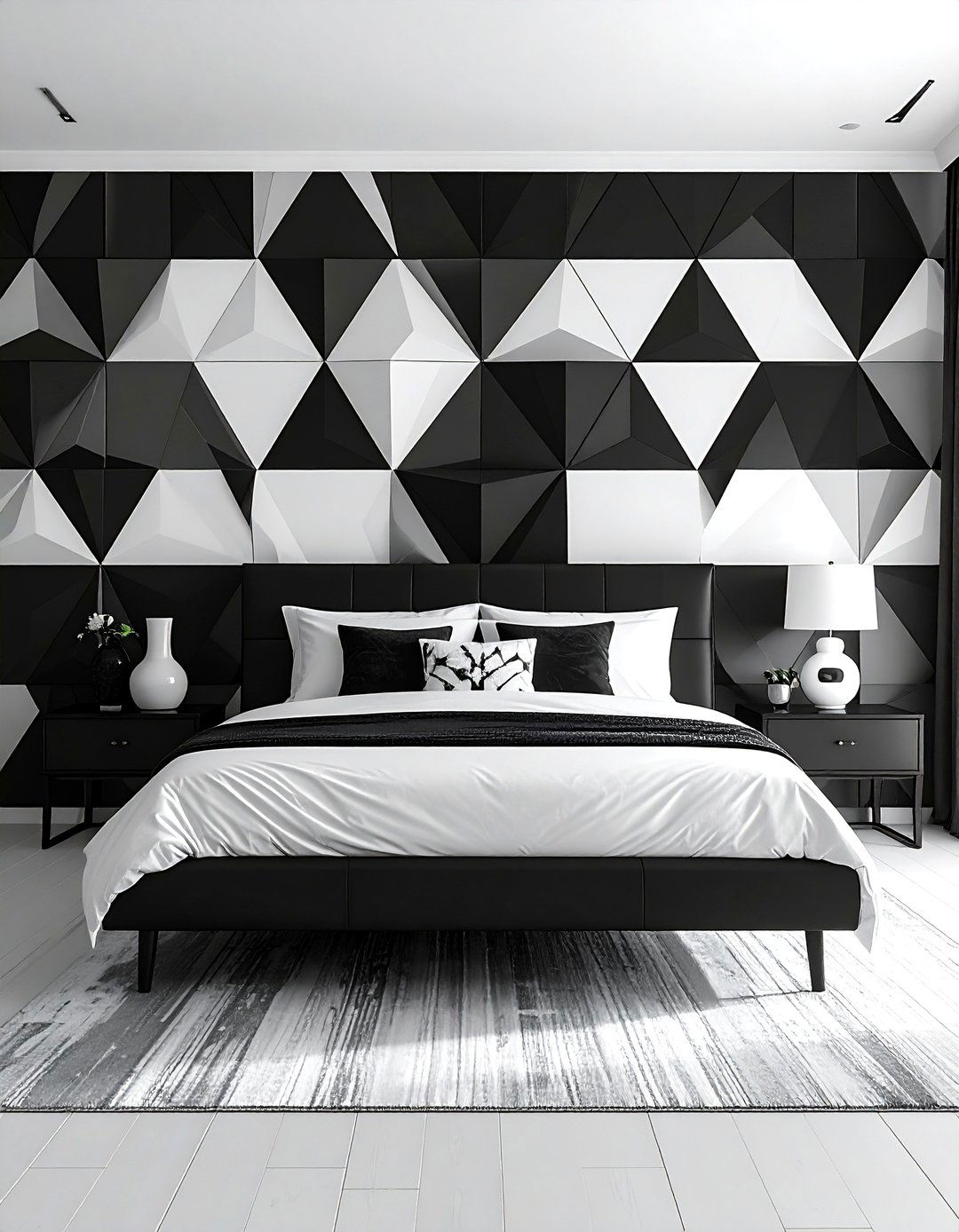 High Contrast Geometric Patterned Wallpaper - 40 Black and White Bedroom Ideas for Elegance