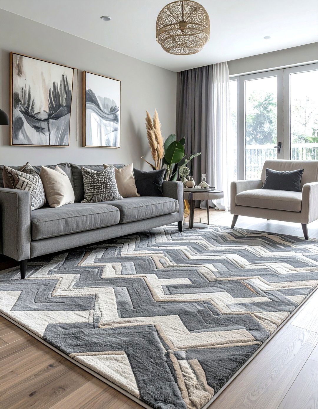 High Contrast Grey and Beige Geometric Patterns - 30 Grey and Beige Living Room Ideas for Warmth