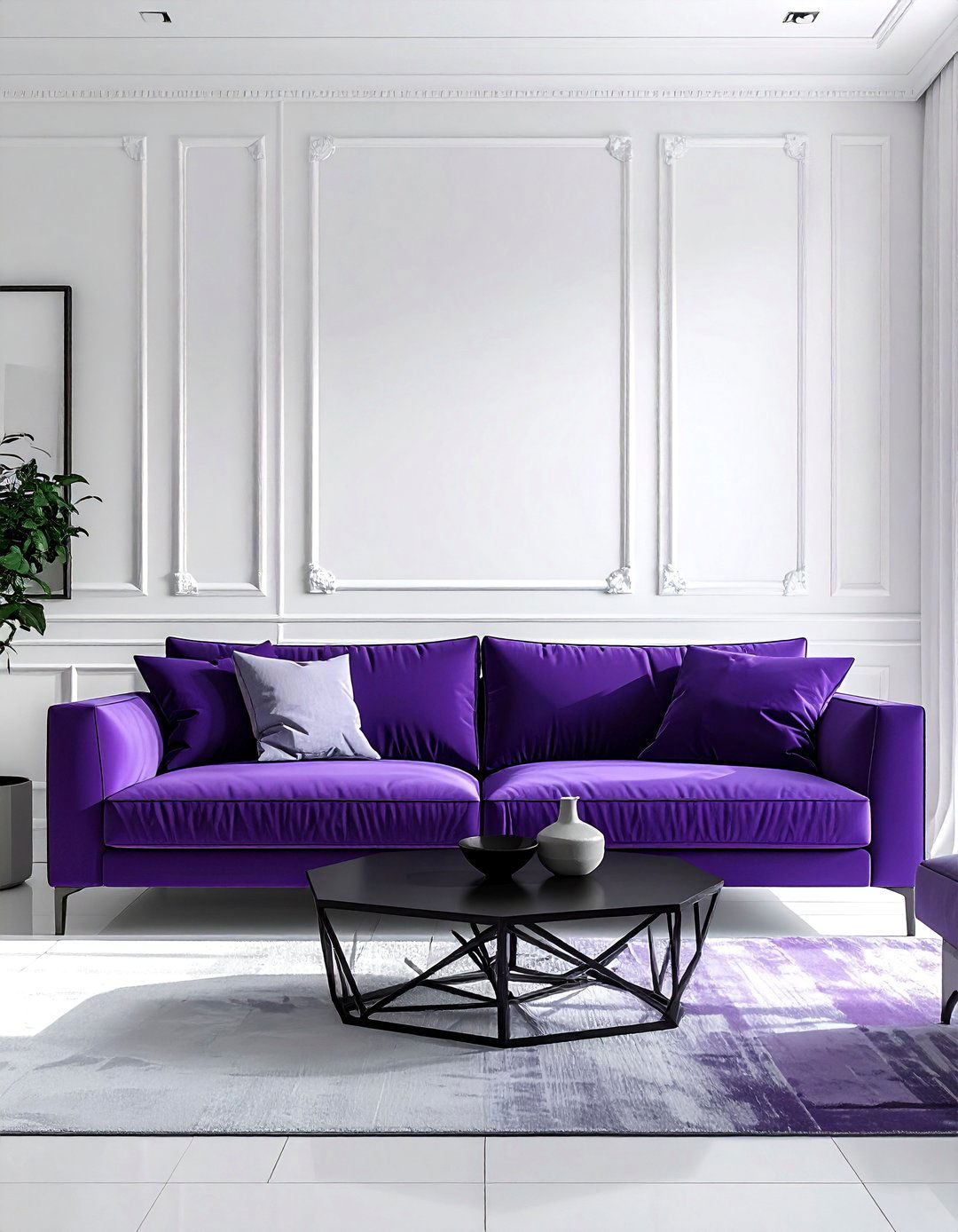 High Contrast Iris and White Modernism - 25 Purple Living Room Ideas for a Luxurious Vibe