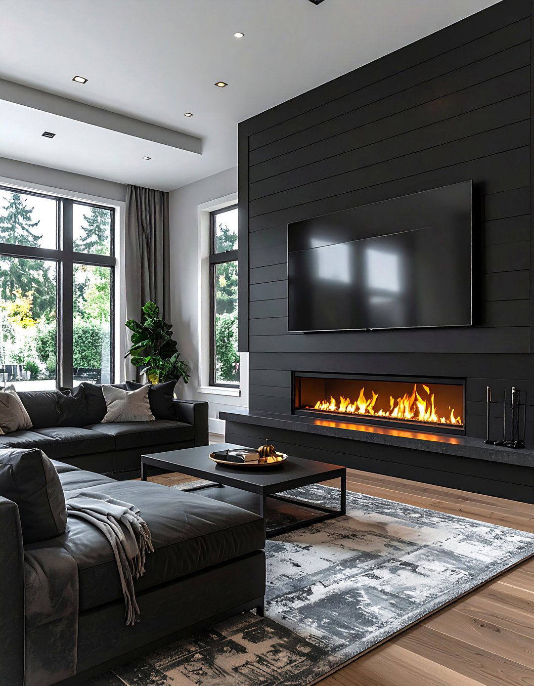 Horizontal Black Shiplap Fireplace with an Integrated TV Niche - 40 Black Shiplap Fireplace Ideas for a Bold and Cozy Focal Point