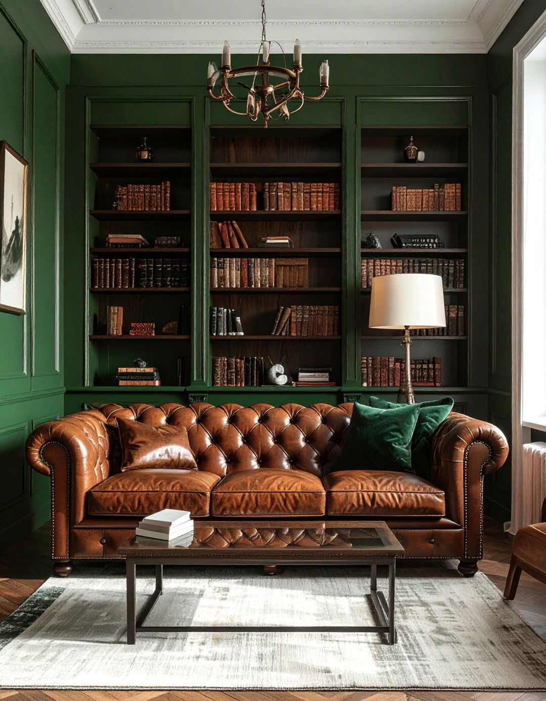 Hunter Green Accent Wall with Leather Furniture - 40 Dark Green Accent Wall Ideas for Bold Spaces