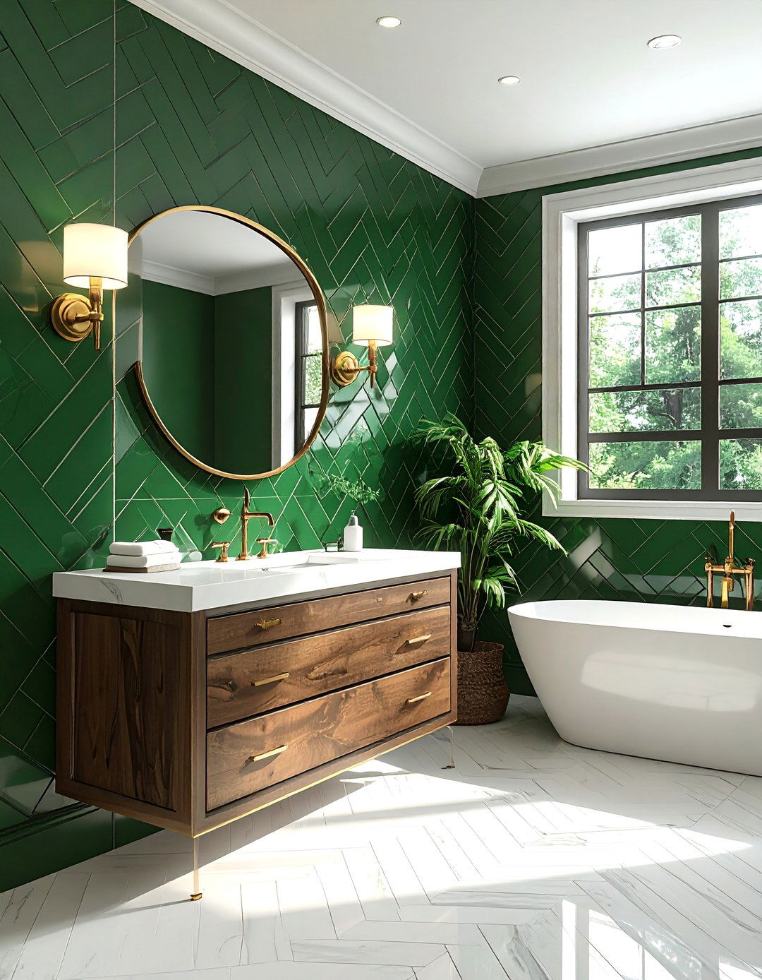 Hunter Green Herringbone Tile Bathroom Accent - 25 Green Tile Bathroom Ideas for a Fresh Look