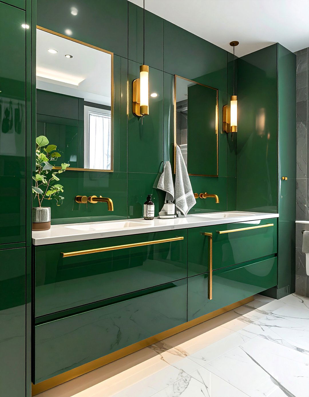 Hunter Green Lacquered Cabinets with Sleek Gold Pulls - 20 Green and Gold Bathroom Ideas for a Luxurious Feel