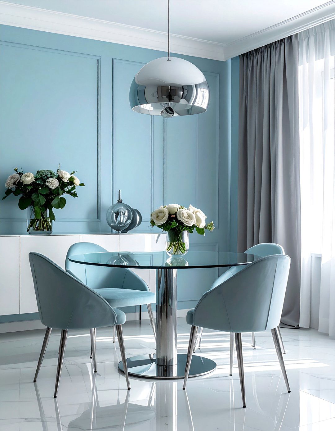 Icy Blue with Silver and Glass - 40 Blue Dining Room Ideas for a Serene Space