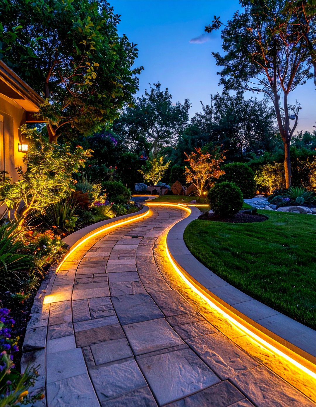 Illuminated Paver Walkway with In Ground Lights - 30 Paver Walkway Ideas to Beautify Your Garden