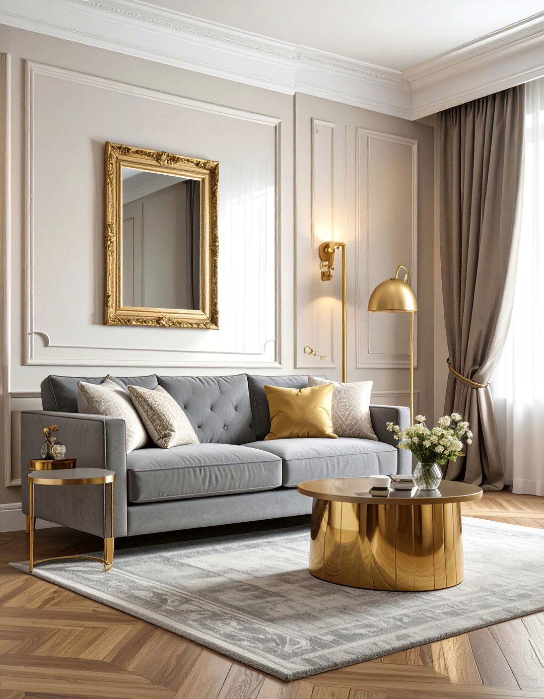 Incorporating Gold Metallic Accents - 30 Grey and Cream Living Room Ideas for Elegance