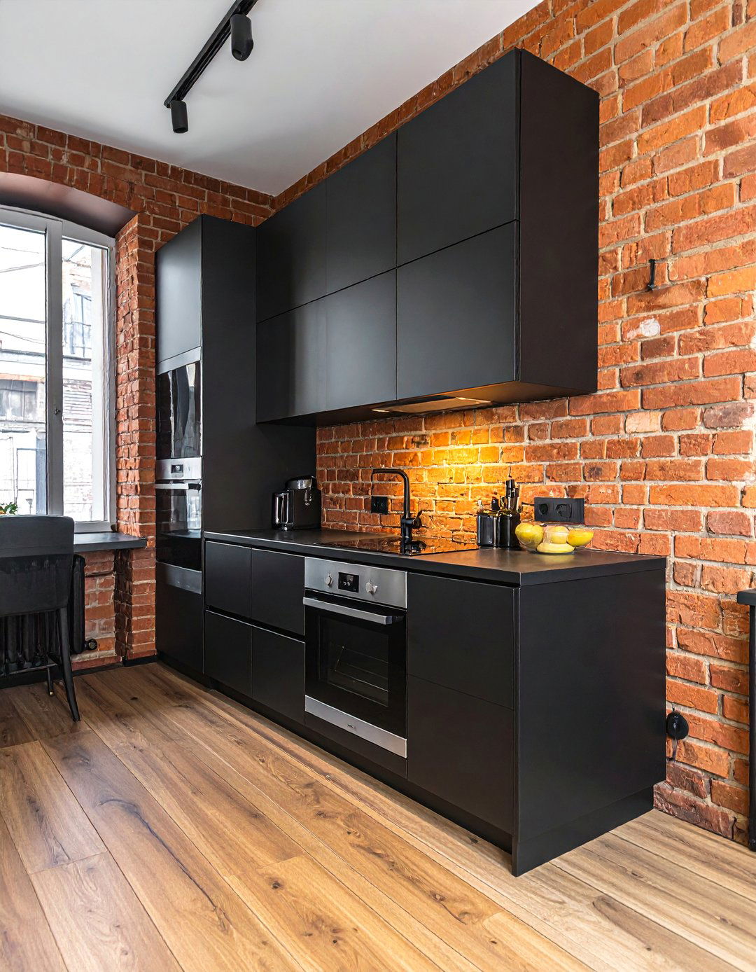 Industrial Black Kitchen with Exposed Brick Walls - 40 Black Kitchen Ideas for a Sleek and Sophisticated Look