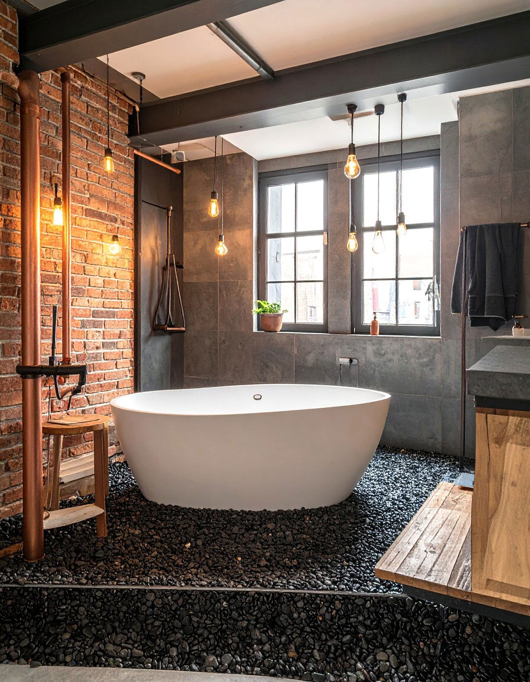 Industrial Loft Aesthetic - 20 Pebble Tile Bathroom Ideas for a Natural Look