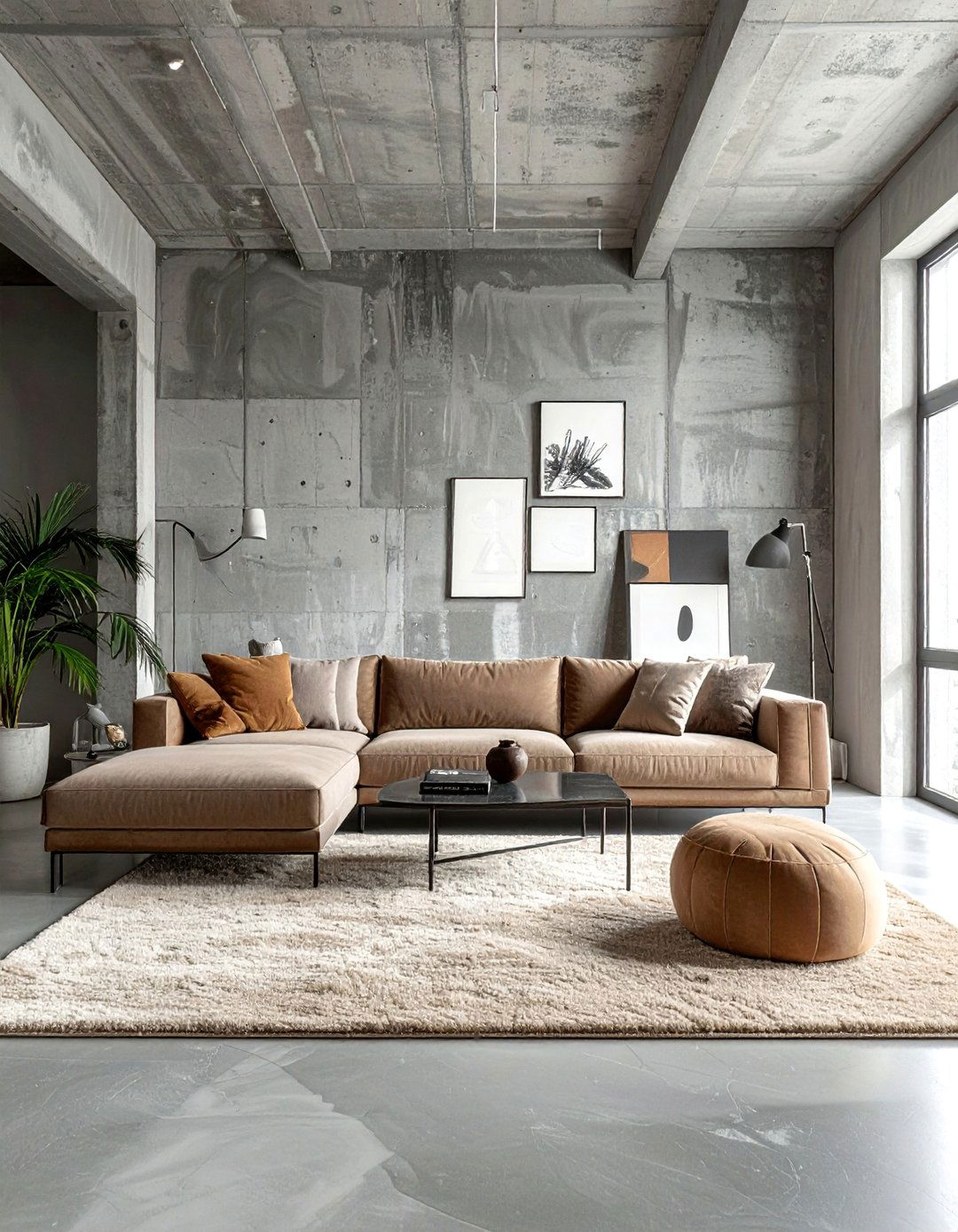 Industrial Loft with Grey Concrete and Beige Accents - 30 Grey and Beige Living Room Ideas for Warmth