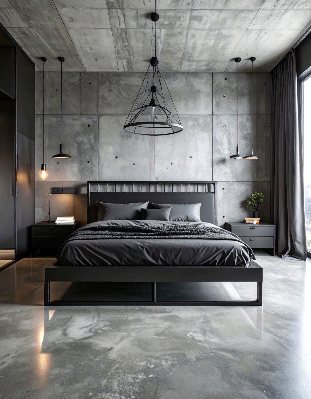 Industrial Matte Black Bedroom with Concrete Elements - 20 Matte Black Bedroom Ideas for a Sleek Look