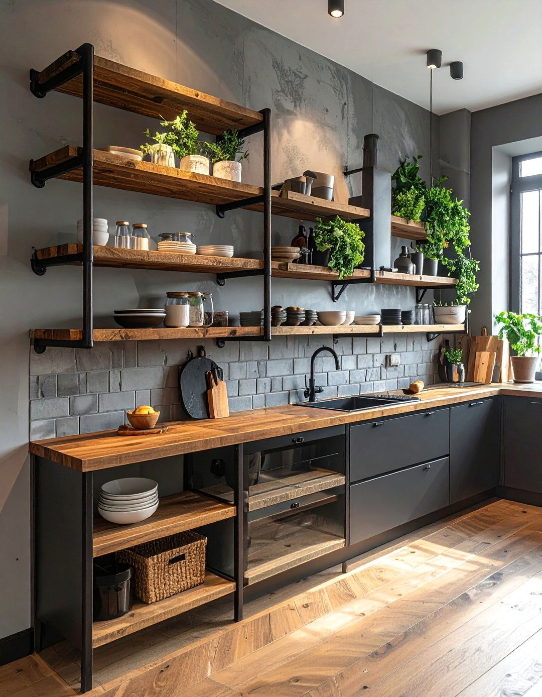 Industrial Pipe Shelving - 30 Budget-Friendly Small Galley Kitchen Ideas