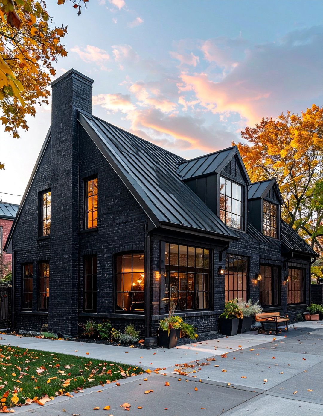 Industrial Style Black Brick House with Metal Accents - 40 Black Brick House Exteriors for a Timeless and Elegant Look