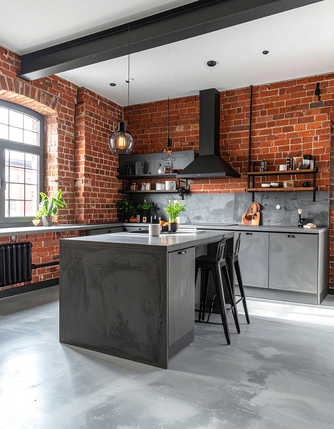 Industrial Style Microcement Kitchen with Exposed Brick - 20 Microcement Kitchen Ideas for a Sleek Look