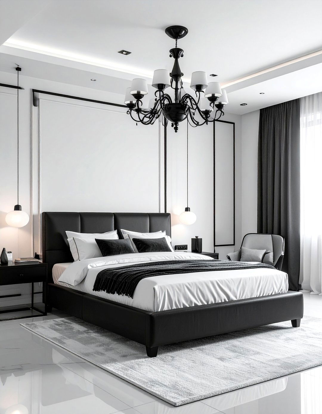 Integrated Black and White Lighting - 40 Black and White Bedroom Ideas for Elegance