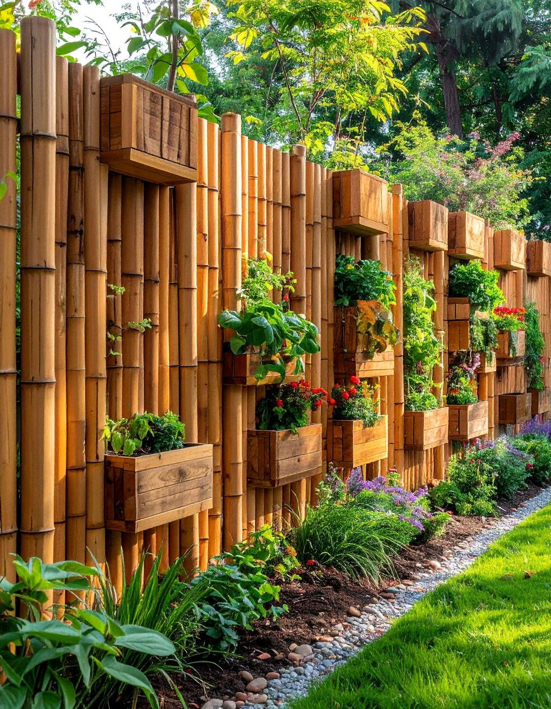 Integrated Planter Bamboo Fence - 40 Japanese Fence Ideas for Serene Gardens