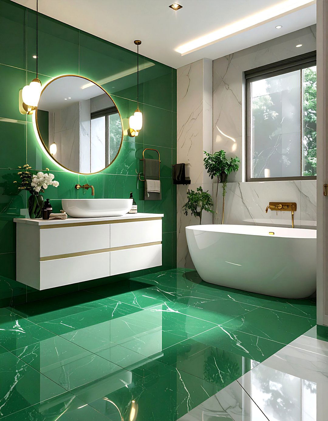 Jade Green Polished Porcelain Bathroom Floor - 25 Green Tile Bathroom Ideas for a Fresh Look