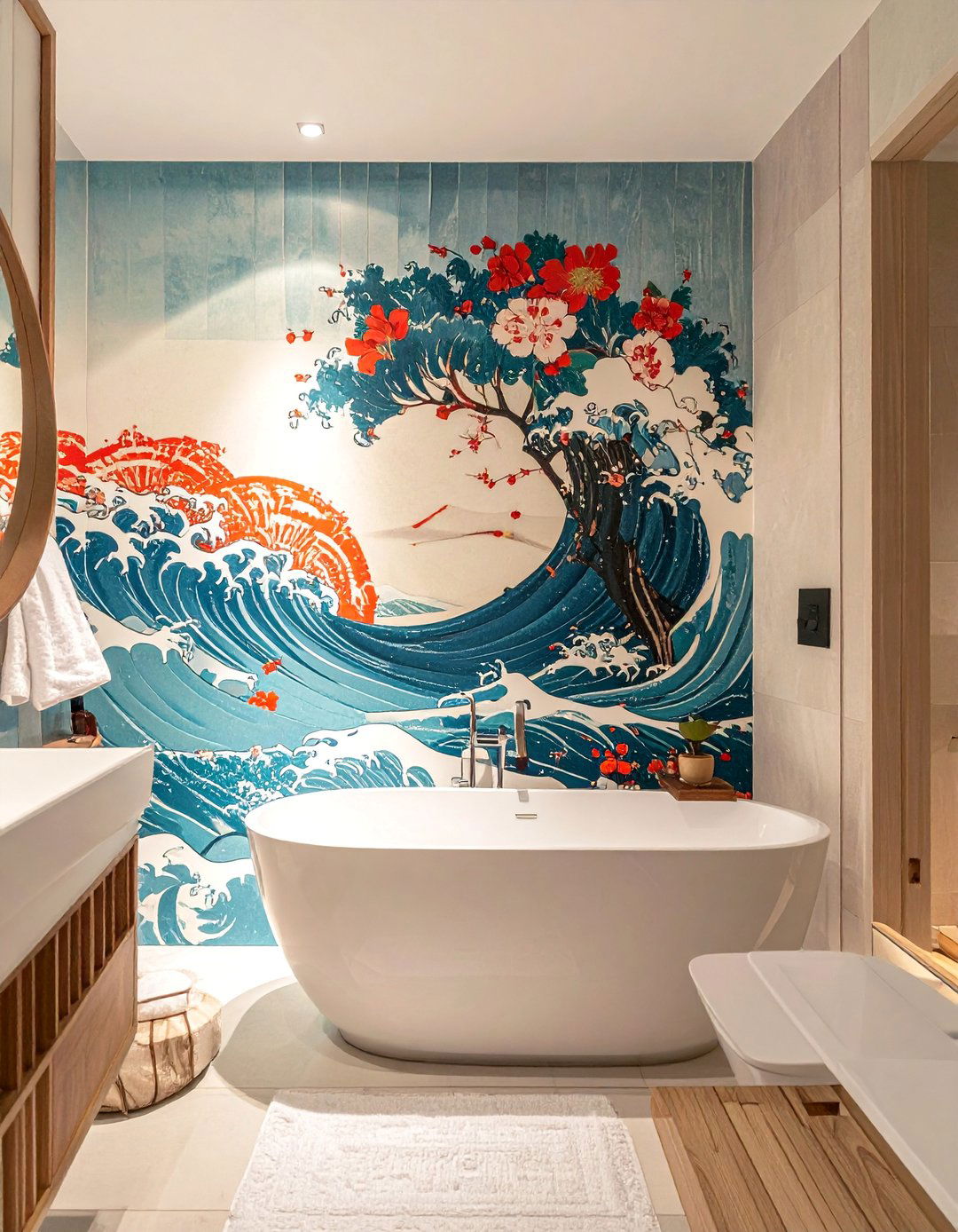Japanese Wave Patterns - 30 Bathroom Mural Ideas to Elevate Your Decor