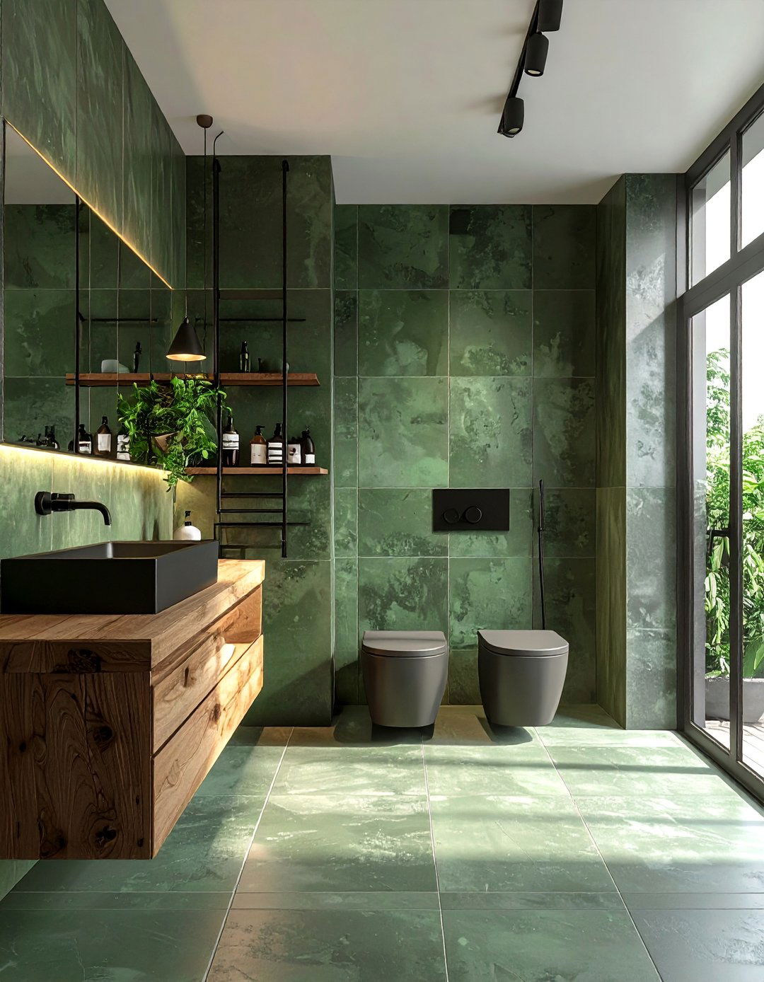 Khaki Green Concrete Look Tile Bathroom - 25 Green Tile Bathroom Ideas for a Fresh Look