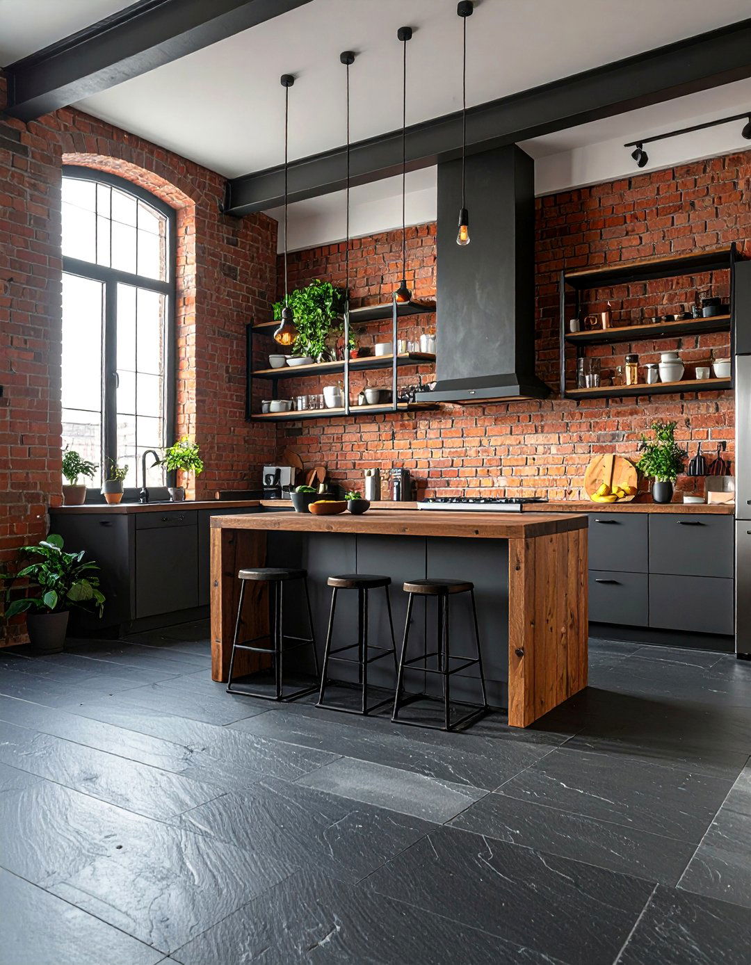 Kitchens With Slate Floors And A Brick Accent Wall - 20 Kitchens With Slate Floors Design Ideas