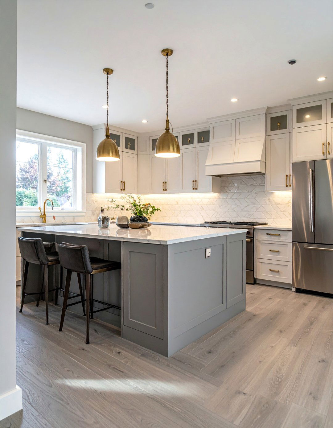 Kitchens With Warm Grey Floors and Brass Hardware - 20 Kitchens With Grey Floors Design Inspiration