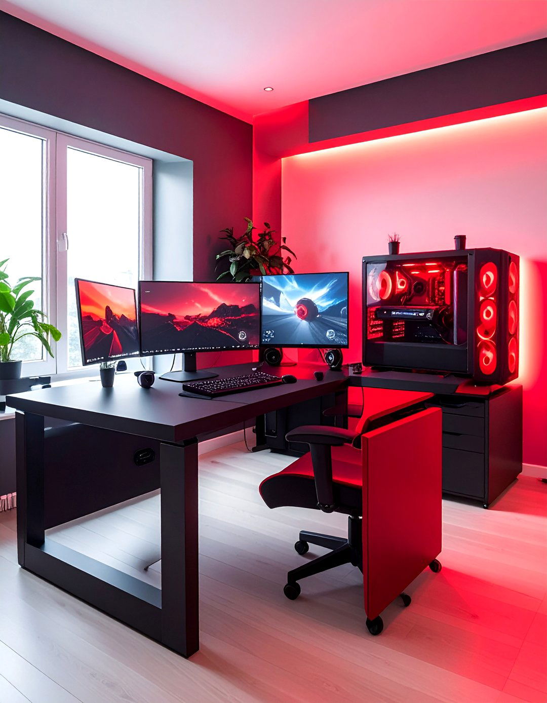 L Shaped Desk Red and Black Gaming Setup - 20 Red and Black Gaming Setup Ideas for Gamers