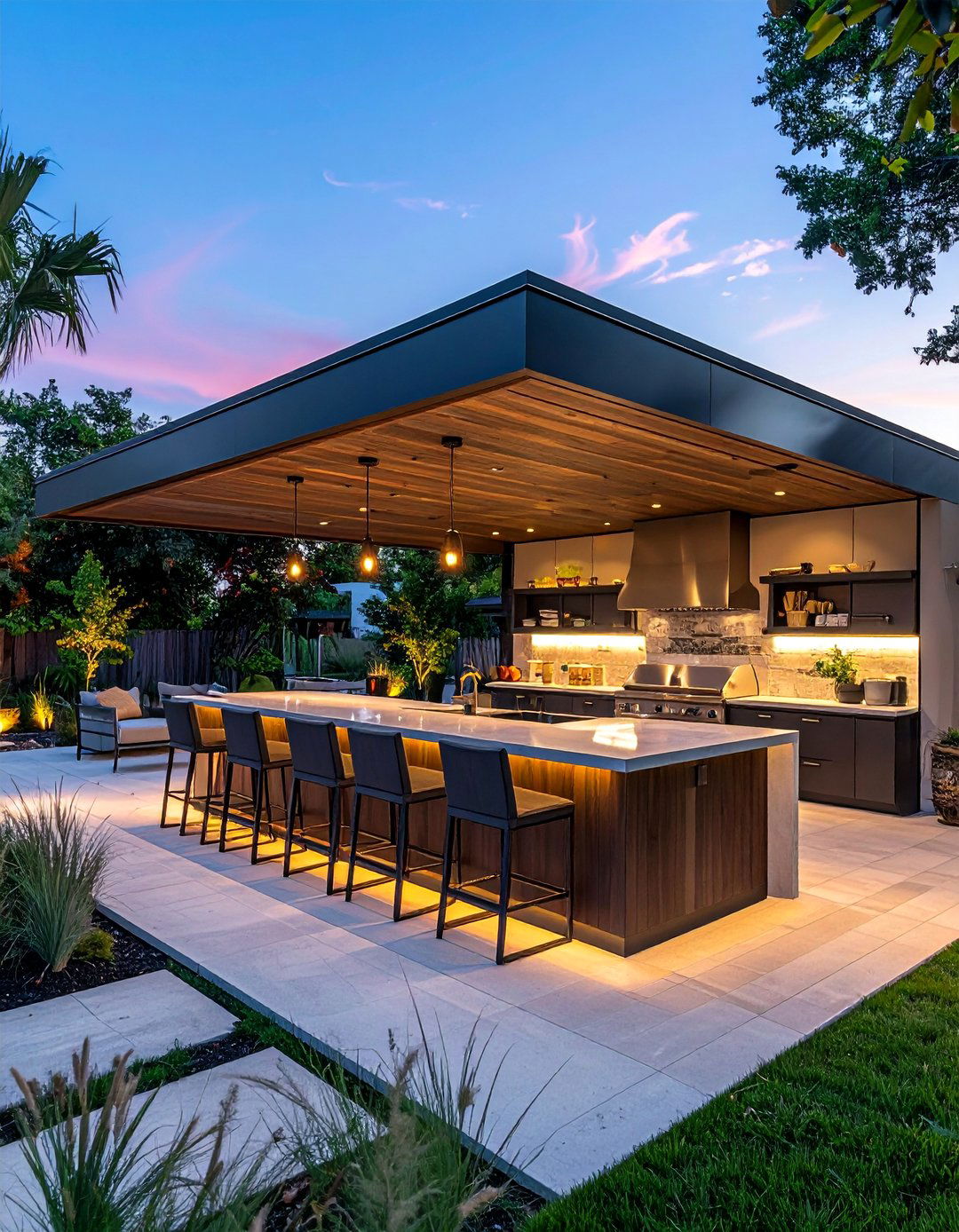L Shaped Kitchen with Extensive Bar Seating - 20 L Shaped Outdoor Kitchen Ideas for Your Patio