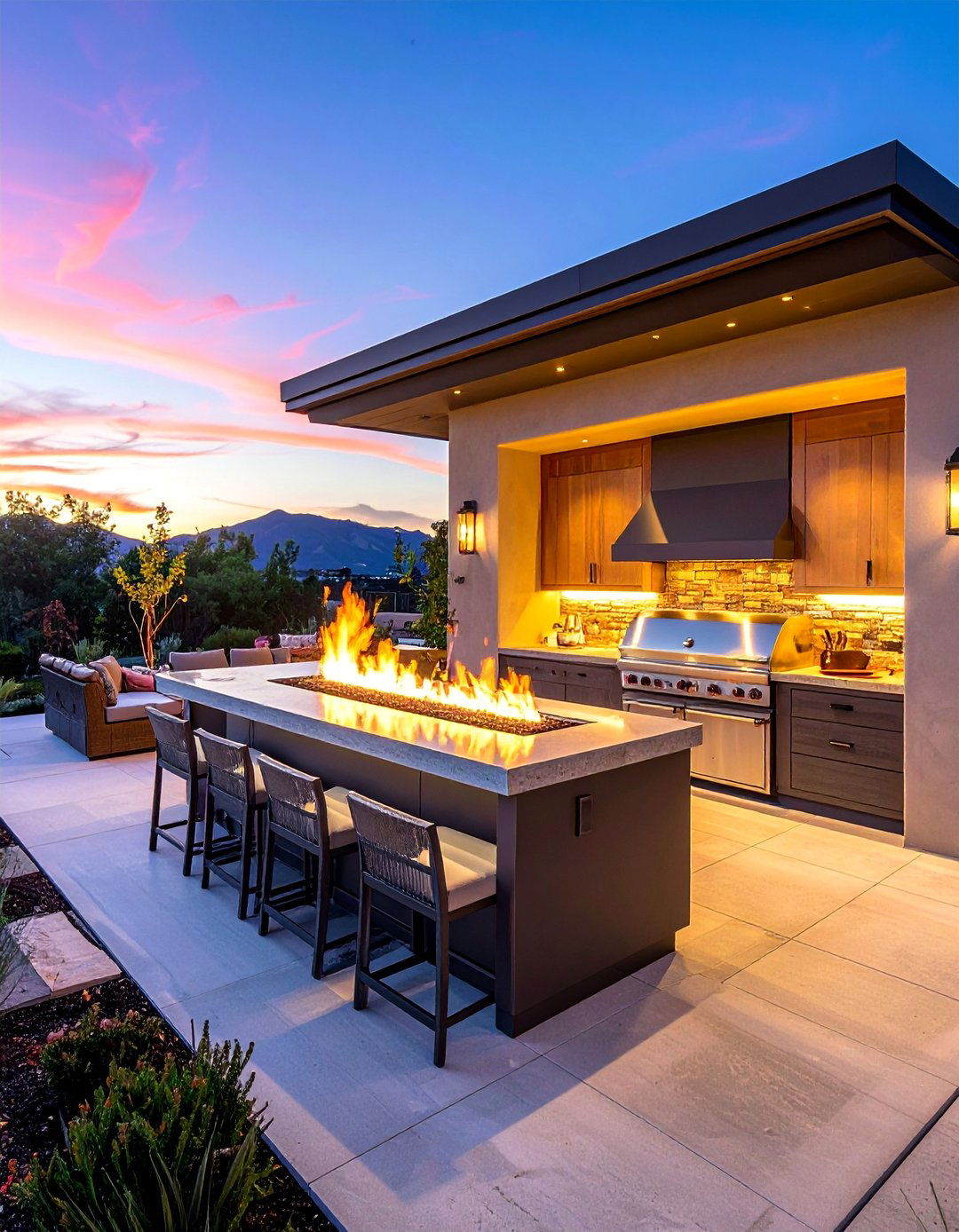 L Shaped Kitchen with Fire Feature Integration - 20 L Shaped Outdoor Kitchen Ideas for Your Patio