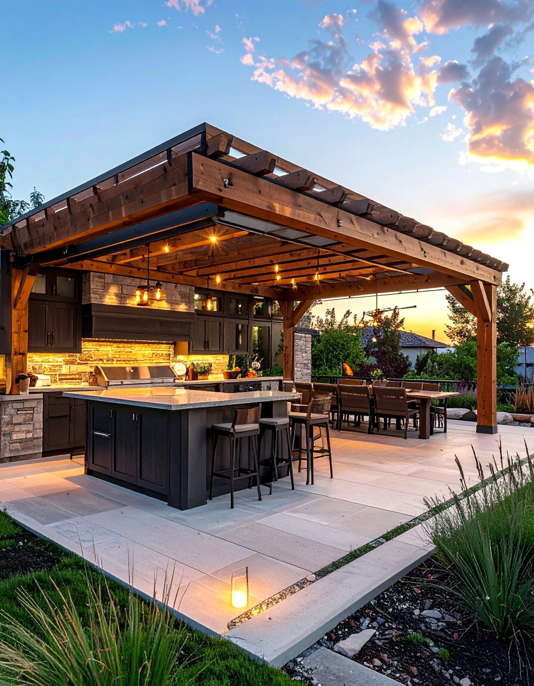 L Shaped Kitchen with Pergola Coverage - 20 L Shaped Outdoor Kitchen Ideas for Your Patio