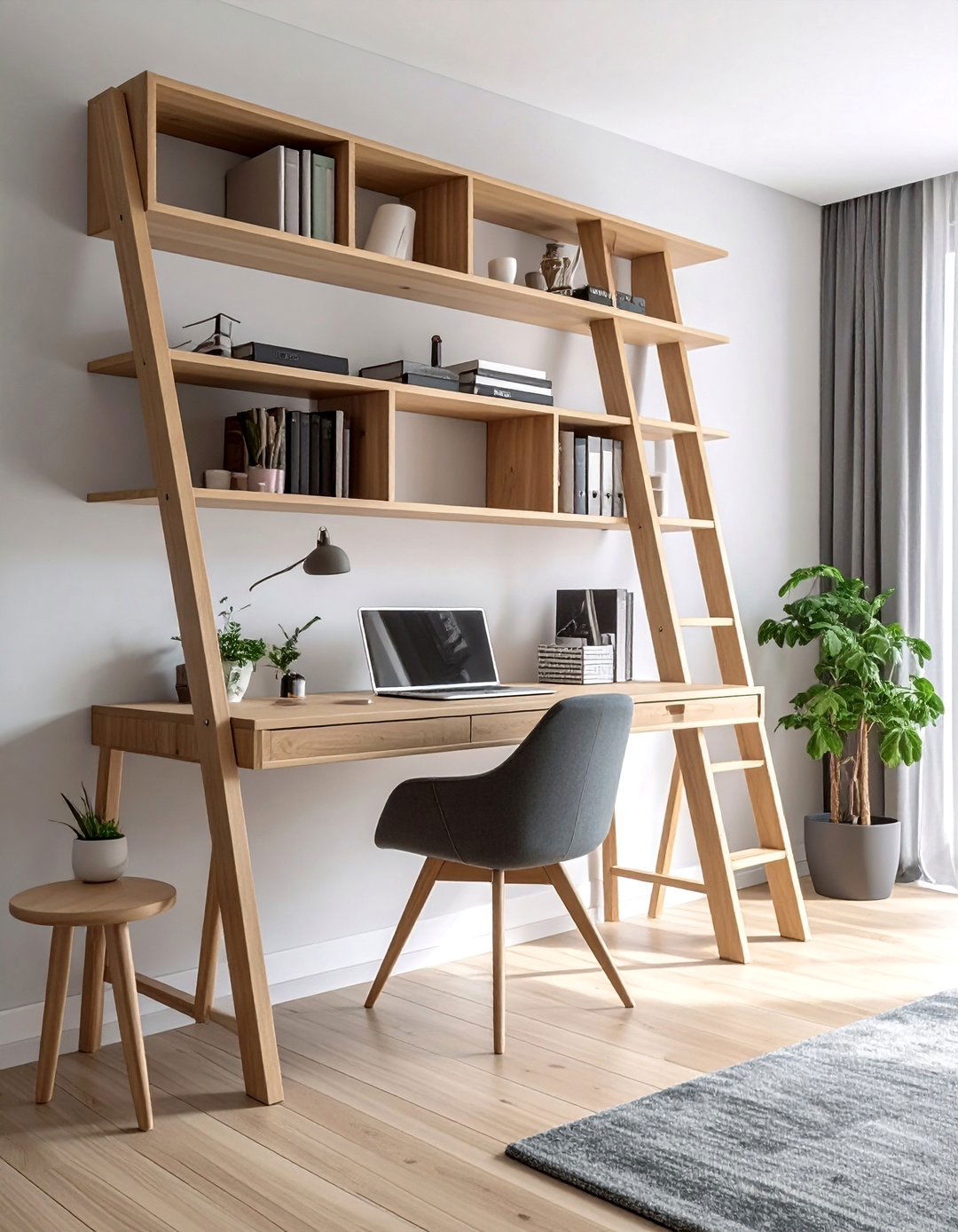 Ladder Shelf Desk Integration - 30 Desk in Living Room Ideas for a Functional Space