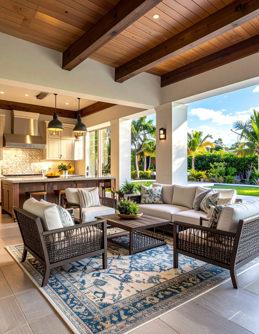 Lanai Kitchen with Comfortable Lounge Seating - 20 Lanai Kitchen Ideas for Outdoor Cooking
