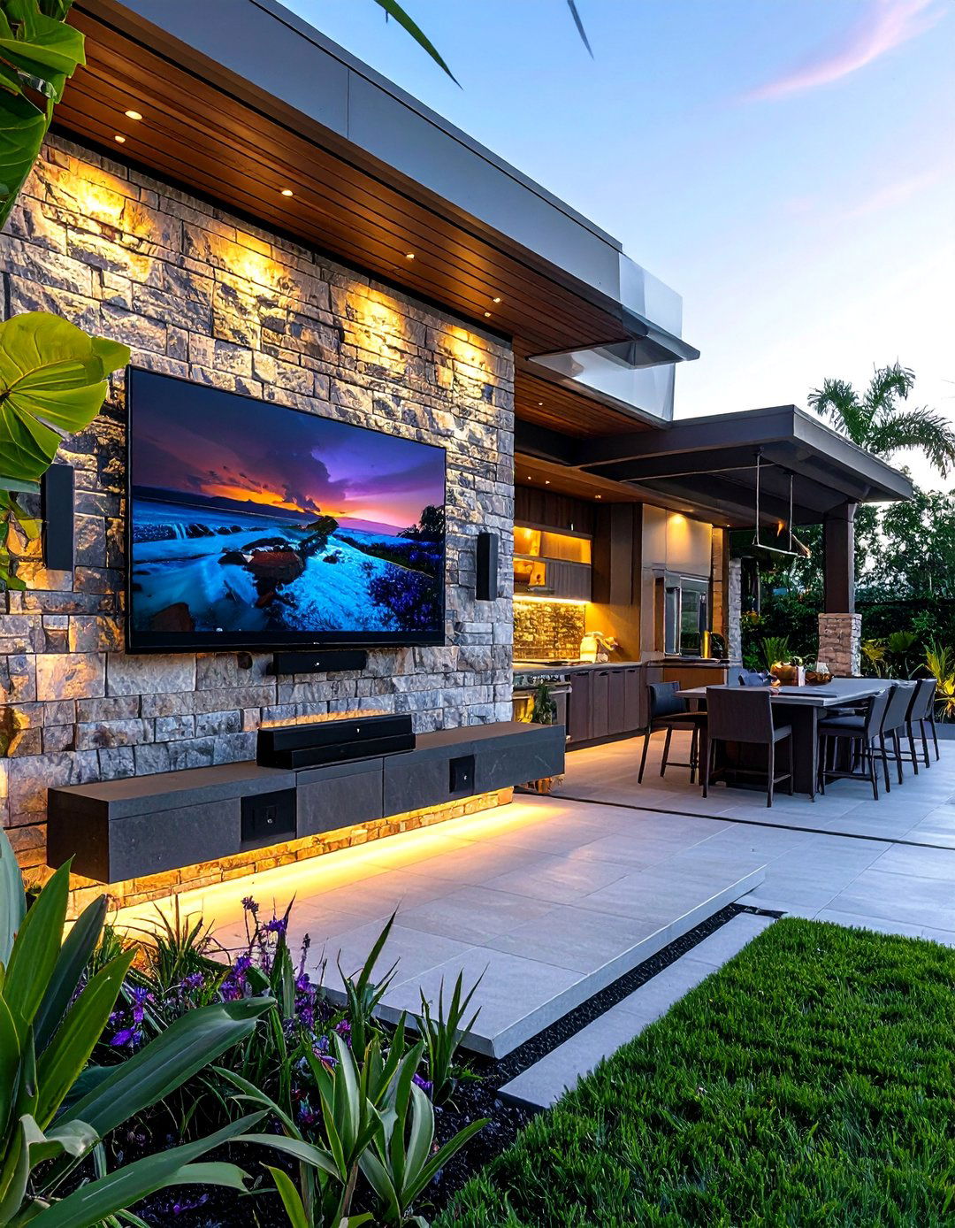 Lanai Kitchen with a High Tech Entertainment Wall - 20 Lanai Kitchen Ideas for Outdoor Cooking