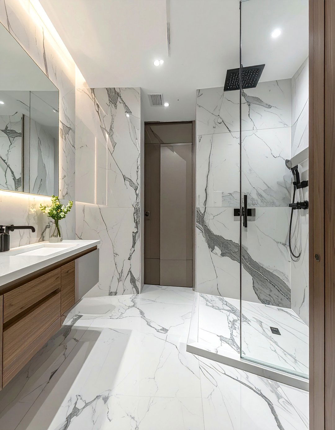 Large Format Marble Slab Walk in Shower Walls - 30 Walk-in Shower Tile Ideas for a Luxurious Bathroom