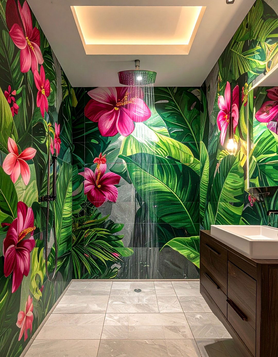 Large Scale Floral Mural Tile Walk in Shower - 30 Walk-in Shower Tile Ideas for a Luxurious Bathroom
