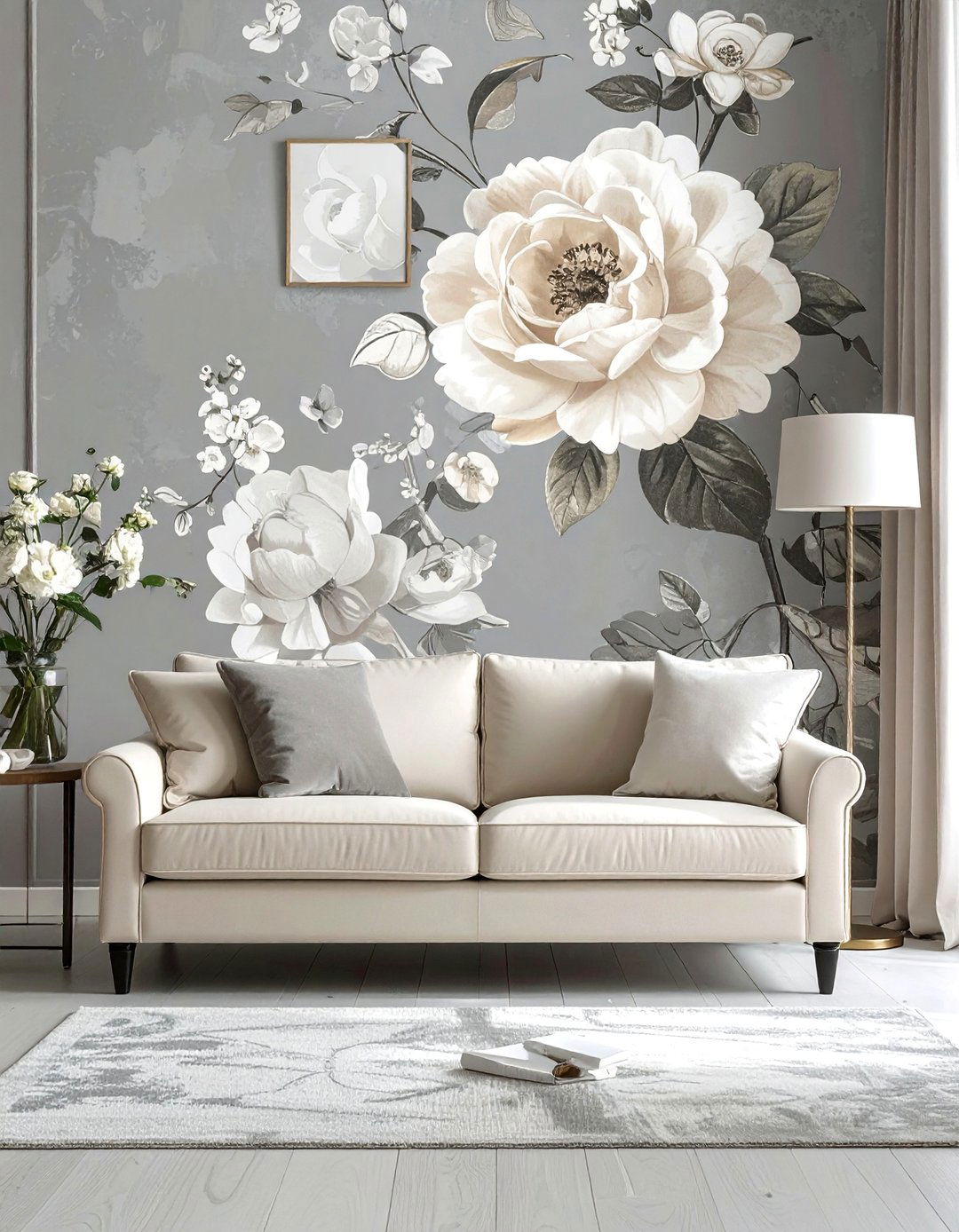 Large Scale Grey and Cream Floral Wallpaper - 30 Grey and Cream Living Room Ideas for Elegance