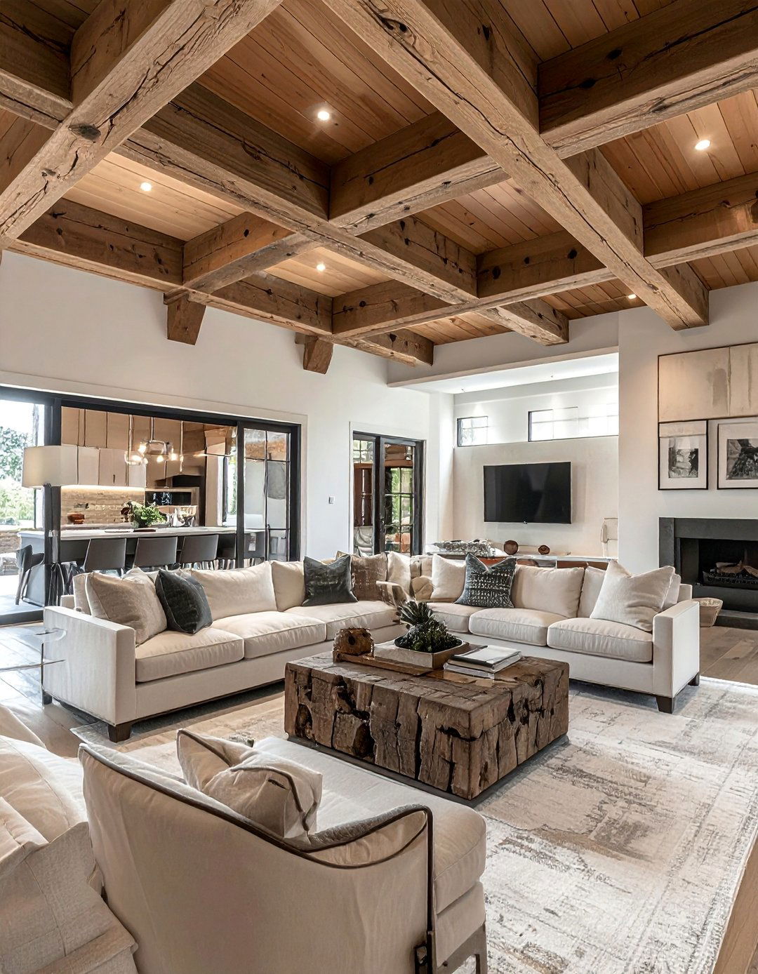 Layered Exposed Beam Living Room Design - 25 Exposed Beam Living Room Ideas for Rustic Charm