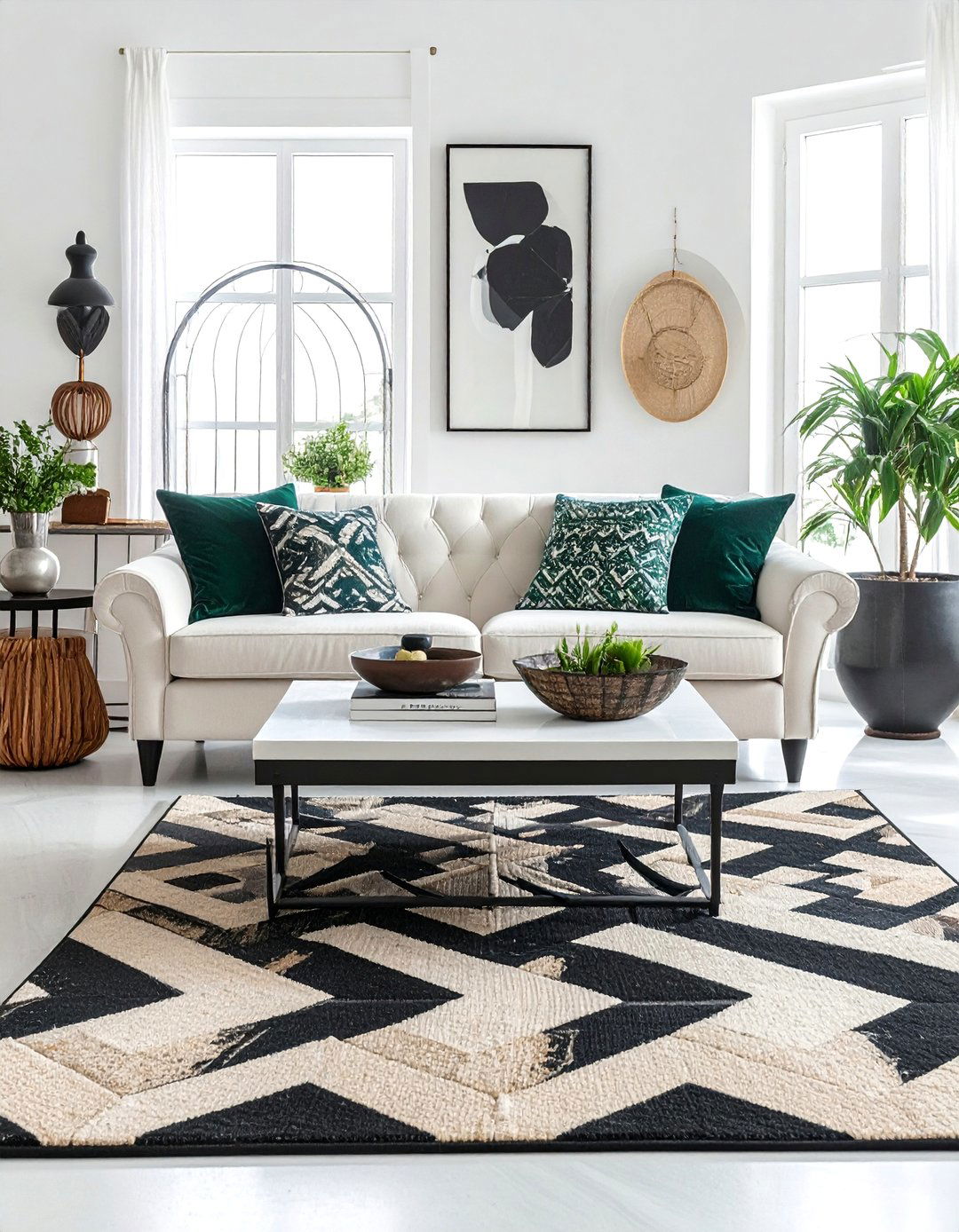 Layered Geometric Rugs in an Art Deco Living Room - 25 Art Deco Living Room Ideas for a Luxurious Look