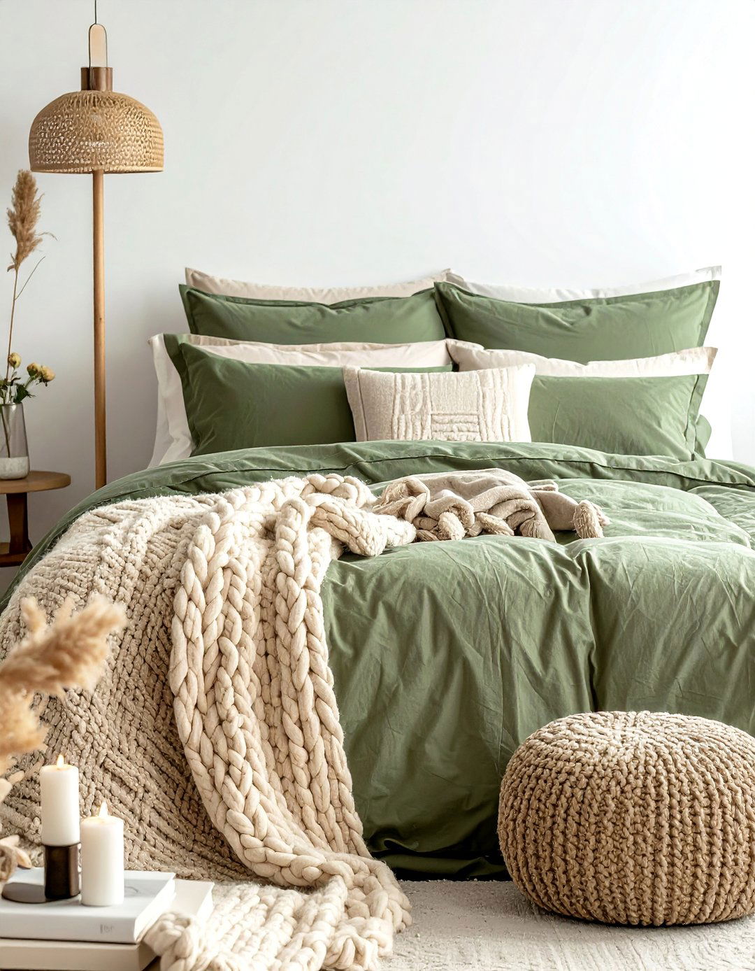 Layered Green and Beige Bedding - 30 Green and Beige Bedroom Ideas for Serenity