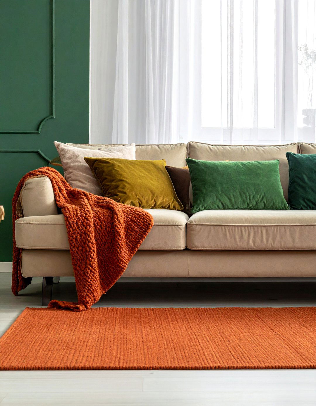 Layered Green and Terracotta Textiles - 20 Green and Terracotta Living Room Ideas for Warmth